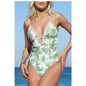 NWT Cupshe Green Paisley One Piece Cheeky Swimsuit